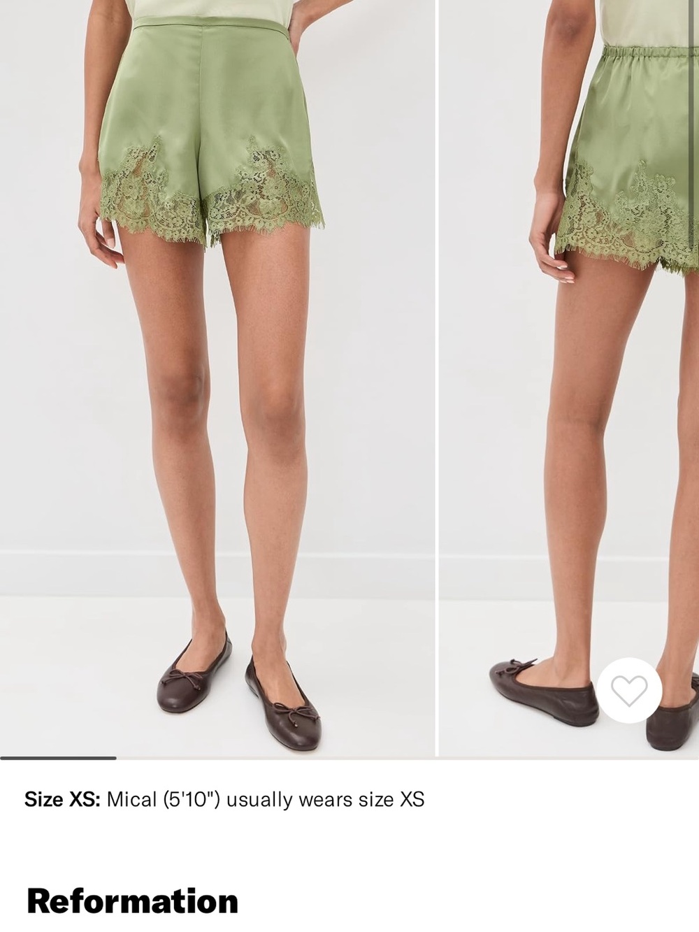 Reformation Fern Green Satin Lace-Trim Shorts